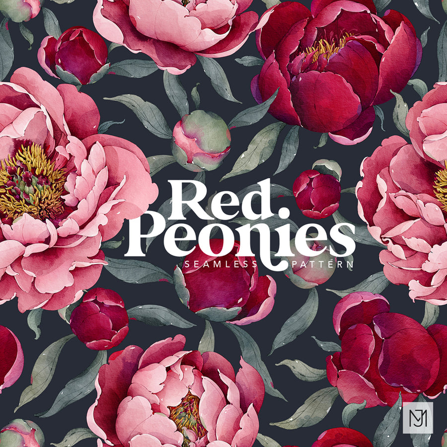Red peonies surface pattern design with deep red and pink peony blooms and gray green leaves on a dark charcoal background