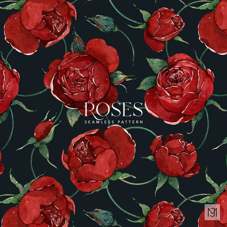 Red Roses surface pattern design with deep red rose blooms, buds, and green leaves on a dark navy background.