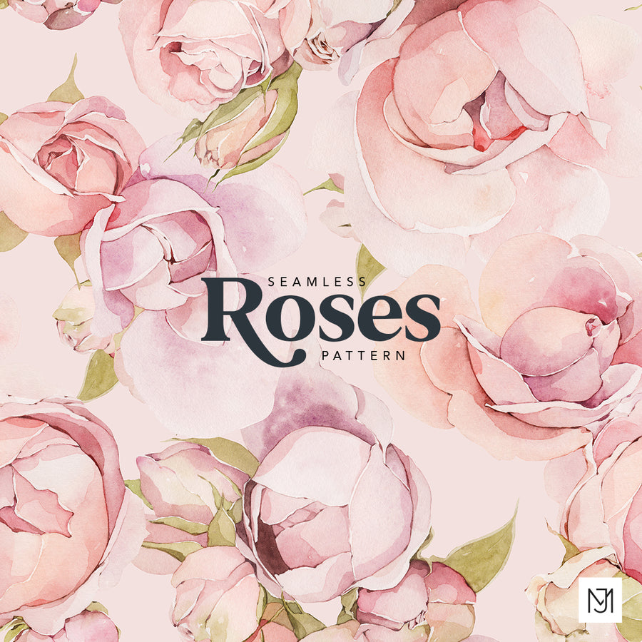 Roses, a surface pattern design of hand-painted watercolor roses in dusty pink and mauve on a blush background.