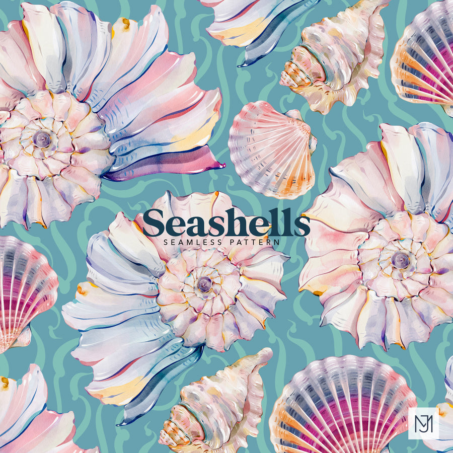 Seashells seamless nature pattern with pastel conch, scallop, and spiral shells in pink, purple, cream, and orange tones on a teal background with wavy seaweed lines.