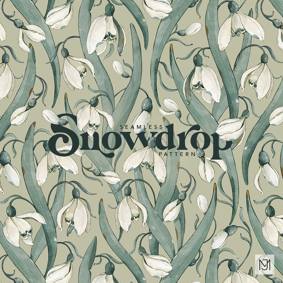 Snowdrop repeating floral pattern with white snowdrop flowers and dusty blue green stems on a sage green background