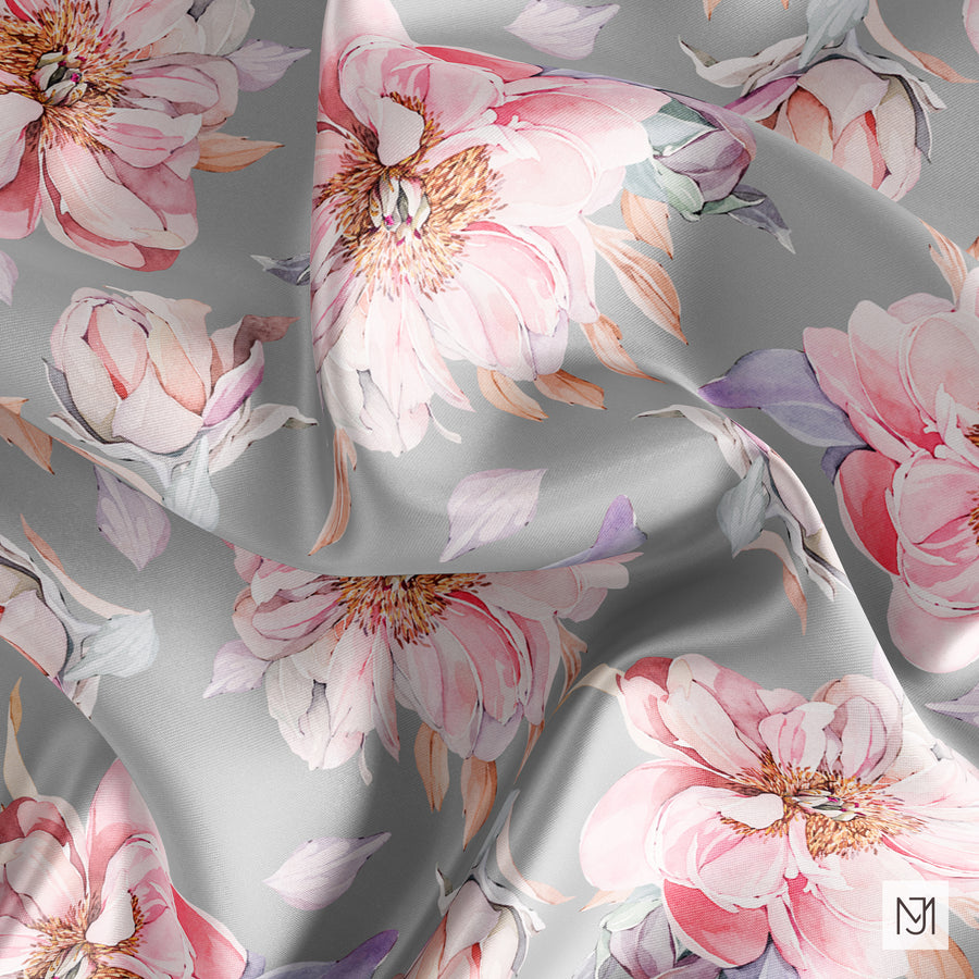 The Soft Peony pattern on rippling silk-like fabric, showing its sheen and drape.