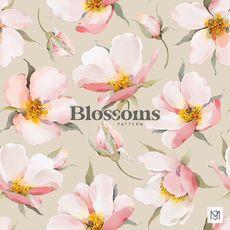 Spring Blossoms seamless surface pattern with white and pink blossom flowers, yellow-orange stamens, and sage green leaves on a tan background.
