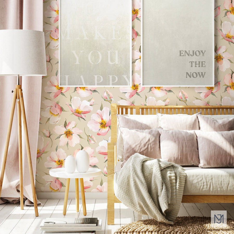 Spring Blossoms pattern as wallpaper behind a wood daybed with pink cushions, a floor lamp, and pink curtains.