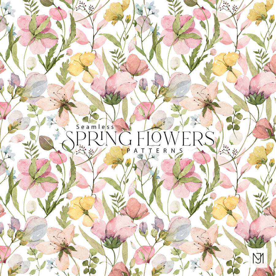 Spring Flowers seamless floral repeat with pink, yellow, and peach blooms and green leaves on a white background.