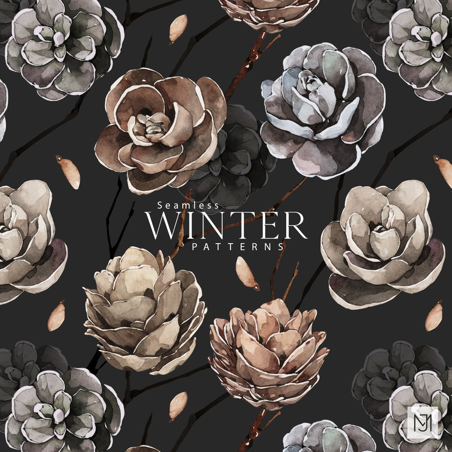 Winter Pine Cones surface pattern design with muted gray, taupe, and dusty blue rose blooms alongside small brown pinecone shapes on a near-black background.