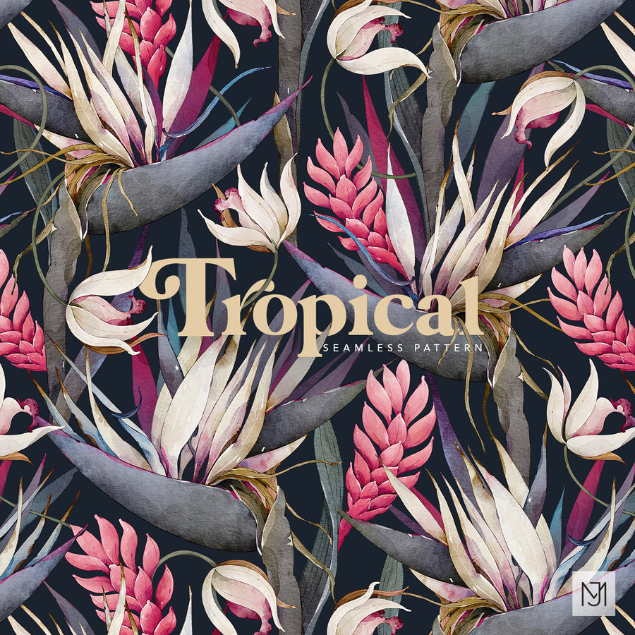 Tropical seamless floral repeat with pink flower spikes, curling white blooms, and gray blue tropical leaves on a dark navy background
