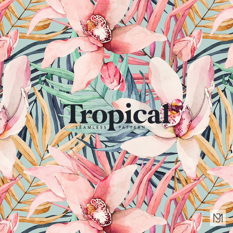 Tropical repeating floral pattern with pink orchid-like blooms and multicolor palm leaves in green, tan, and dusty blue on a blue-green background.