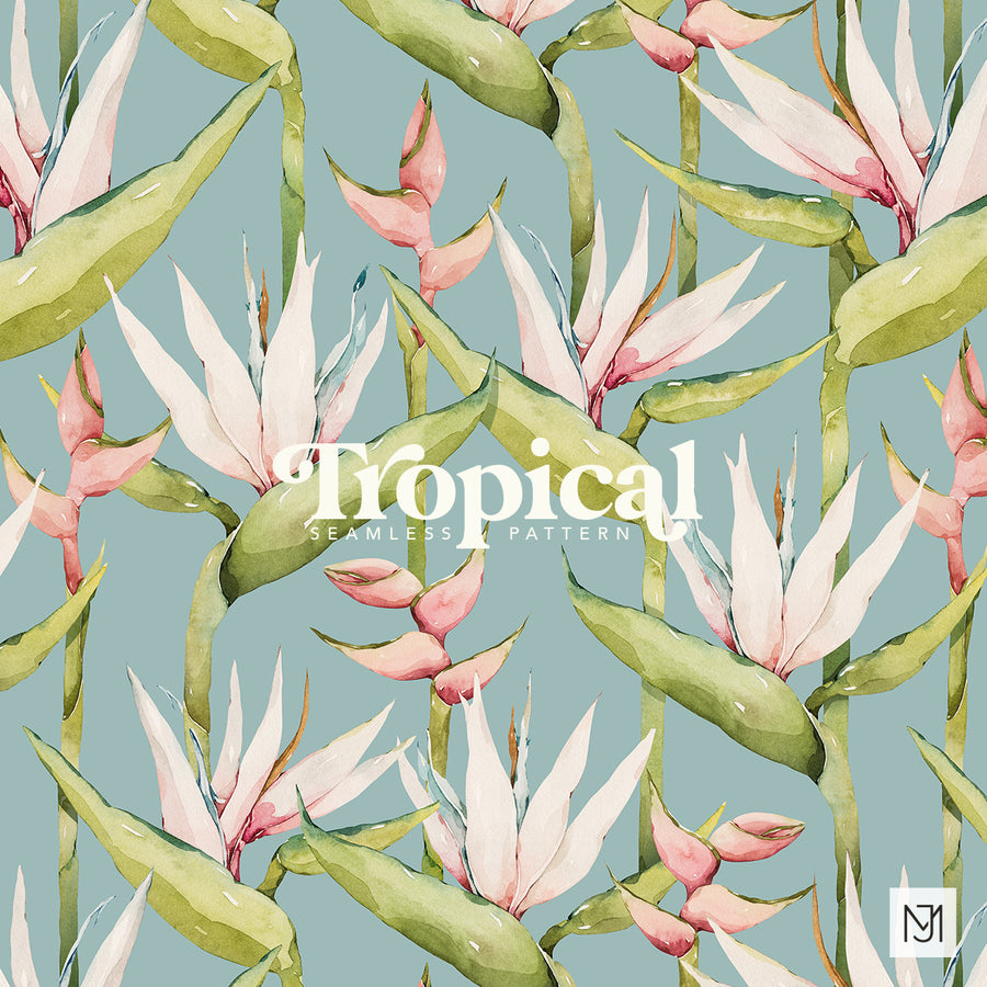 Tropical surface pattern design by Media Jamshidi, with white and pink bird of paradise flowers and green leaves on a soft blue background.