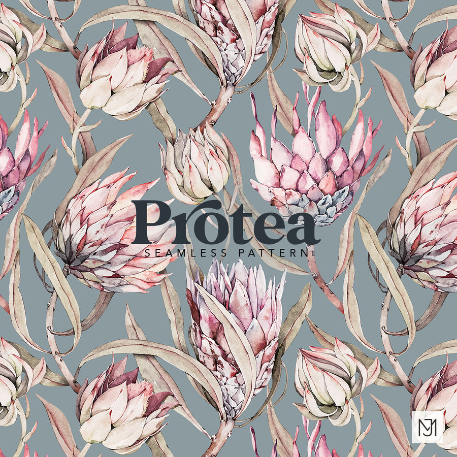 Tropical Protea repeating floral pattern with pink and mauve protea blooms and tan leaves on a blue-gray background.