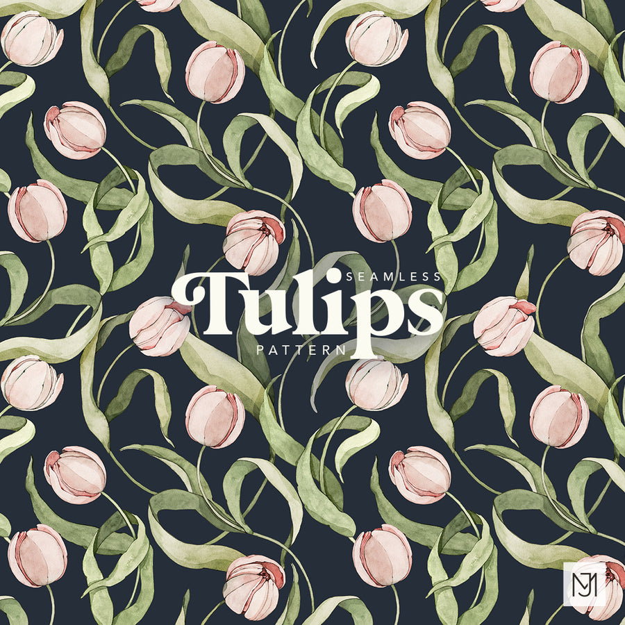 Tulips seamless surface pattern with pink tulip blooms and green leaves on a dark navy background.