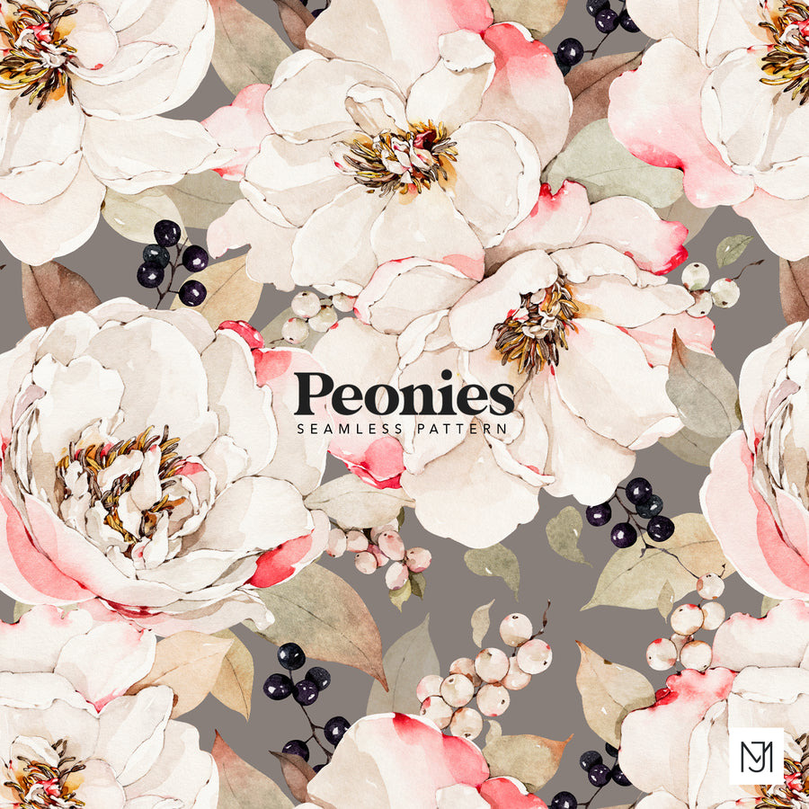 White Peonies seamless surface pattern with cream and blush white peony blooms, dark purple berries, and cream berries on a warm gray background.