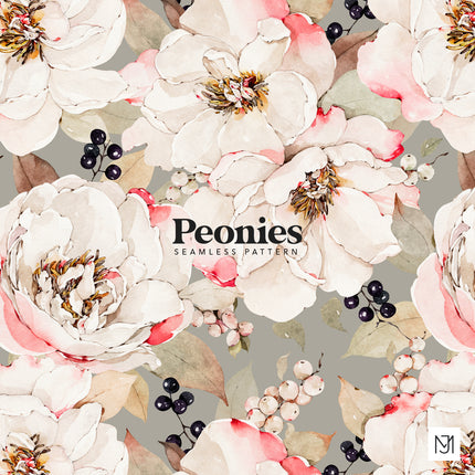 White Peonies Seamless Pattern - 067