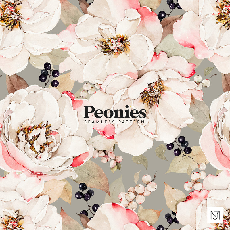 White Peonies Seamless Pattern - 067