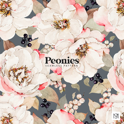 White Peonies Seamless Pattern - 067