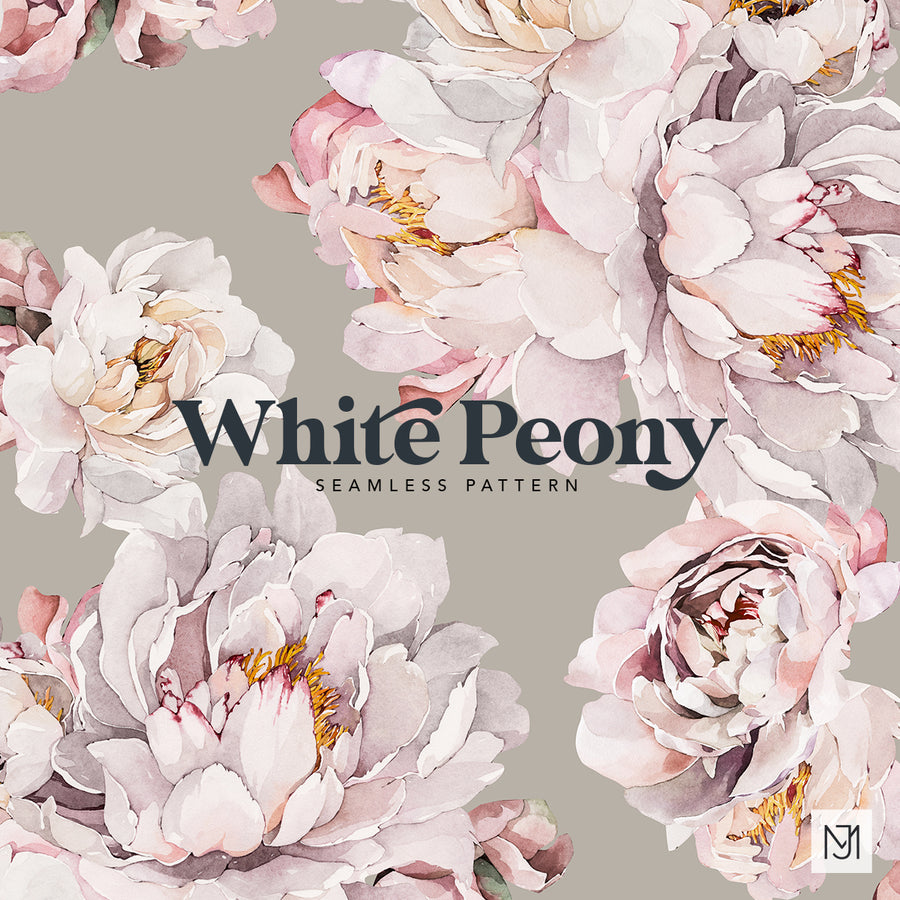 White Peony, a repeating floral pattern of hand-painted watercolor peonies in blush and cream on a warm taupe background.