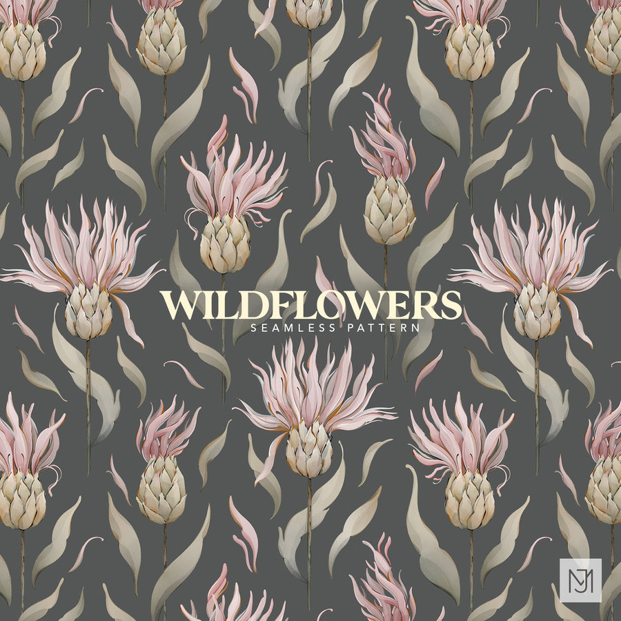 Wildflowers repeating floral pattern with pale pink thistle-like blooms, tan bud centers, and sage leaves on a dark charcoal background.