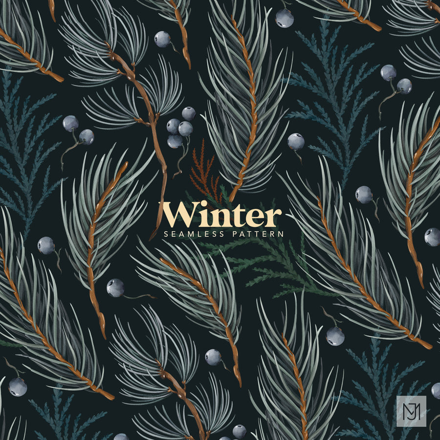 Winter surface pattern design with sage-blue pine branches, dark green cedar sprigs, and gray-blue berries on a near-black background.