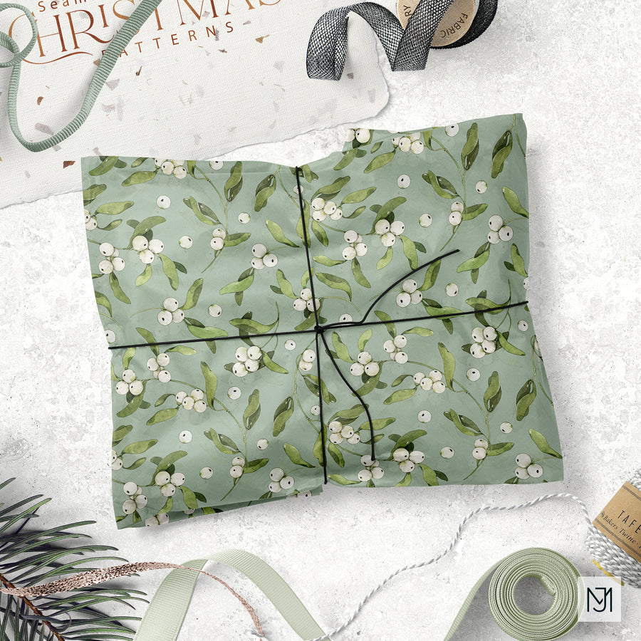 Christmas Winter Berries design in a white berry colorway, with clusters of cream berries and green leaves arranged in loose wreath shapes on a black background.