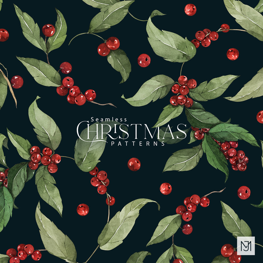 Christmas Winter Berries seamless holiday pattern with holly shaped green leaves and clusters of red berries on a near-black background.