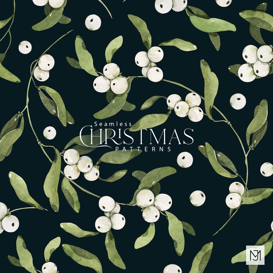 Christmas Winter Berries seamless surface pattern with scattered red and white berries and green leaves on a near-black background.