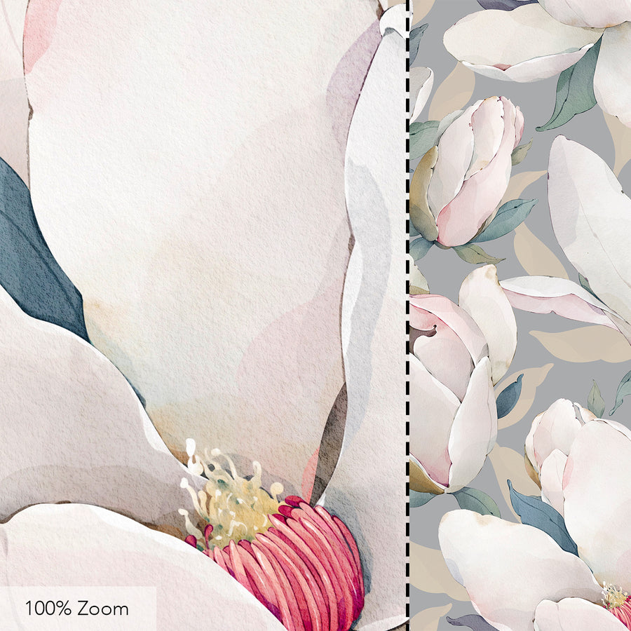 Close up zoom on the magnolia pattern's petal texture next to the full pattern shown on a gray background